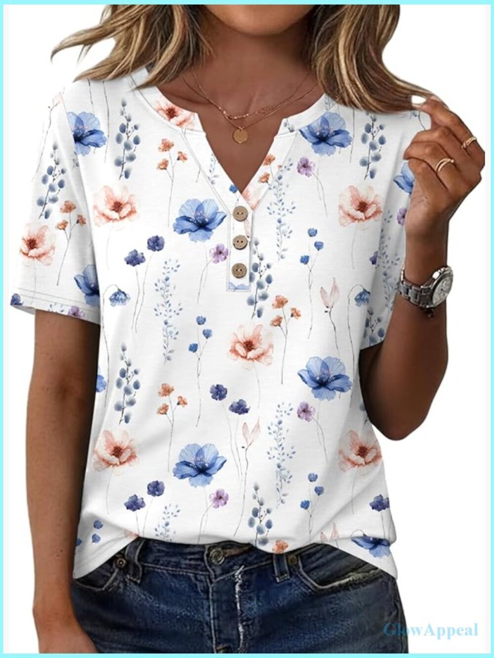 Short Sleeve Henley V Neck Blouse Business Casual Tunic Top